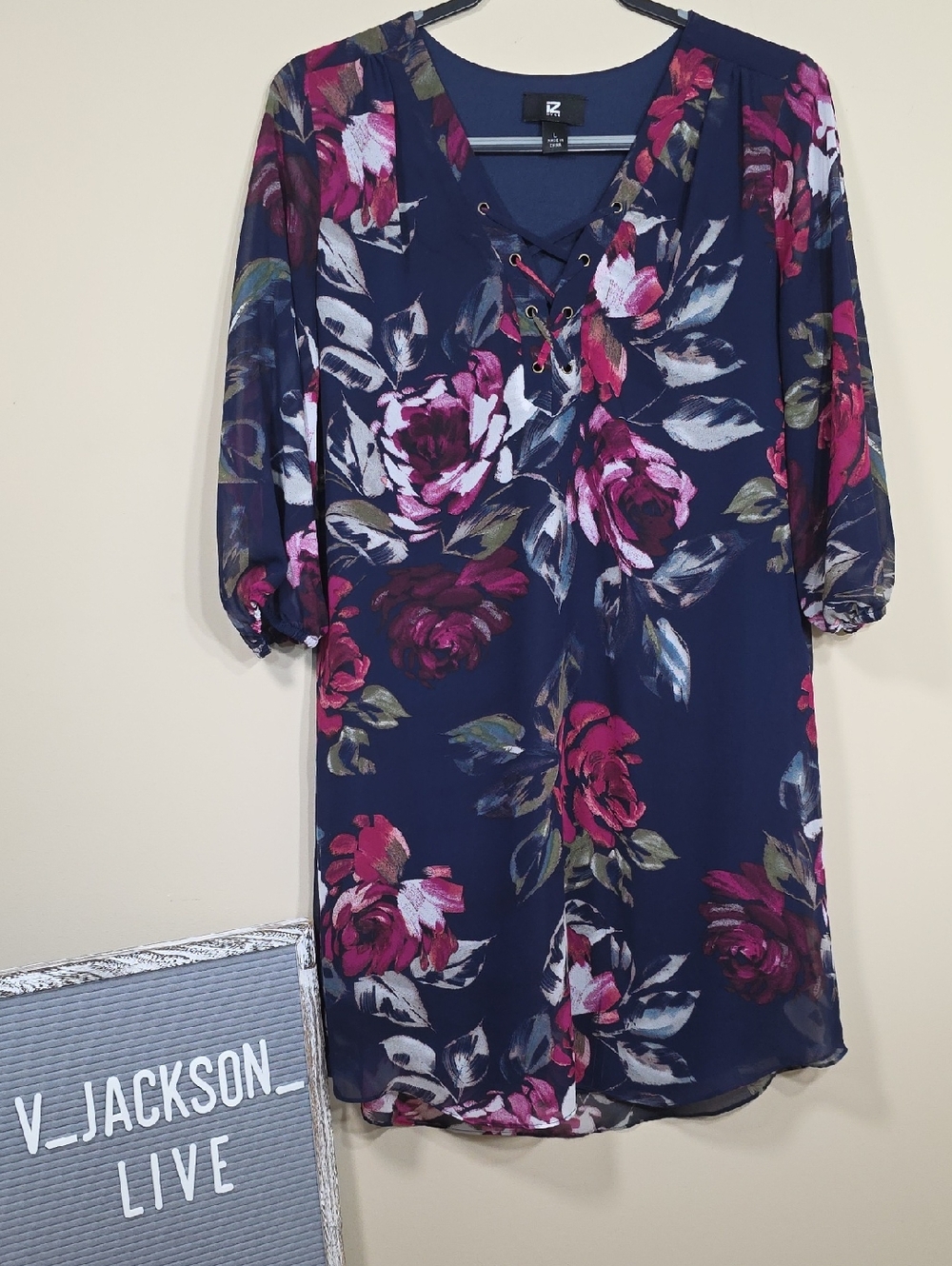 Iz Byer Navy Floral Faux Lace-Up Midi Dress